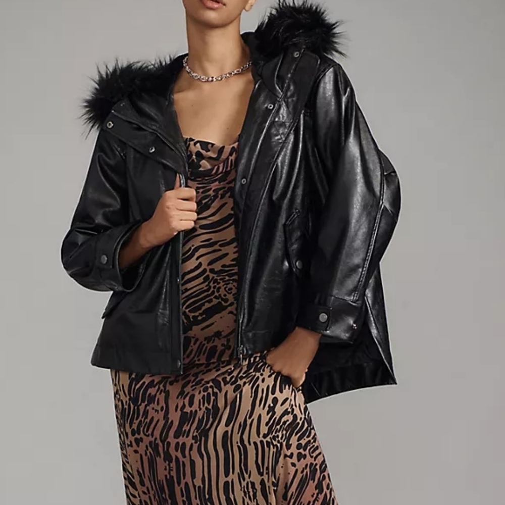 NWT Anthro Pilcro Faux-Leather Hooded Jacket Black